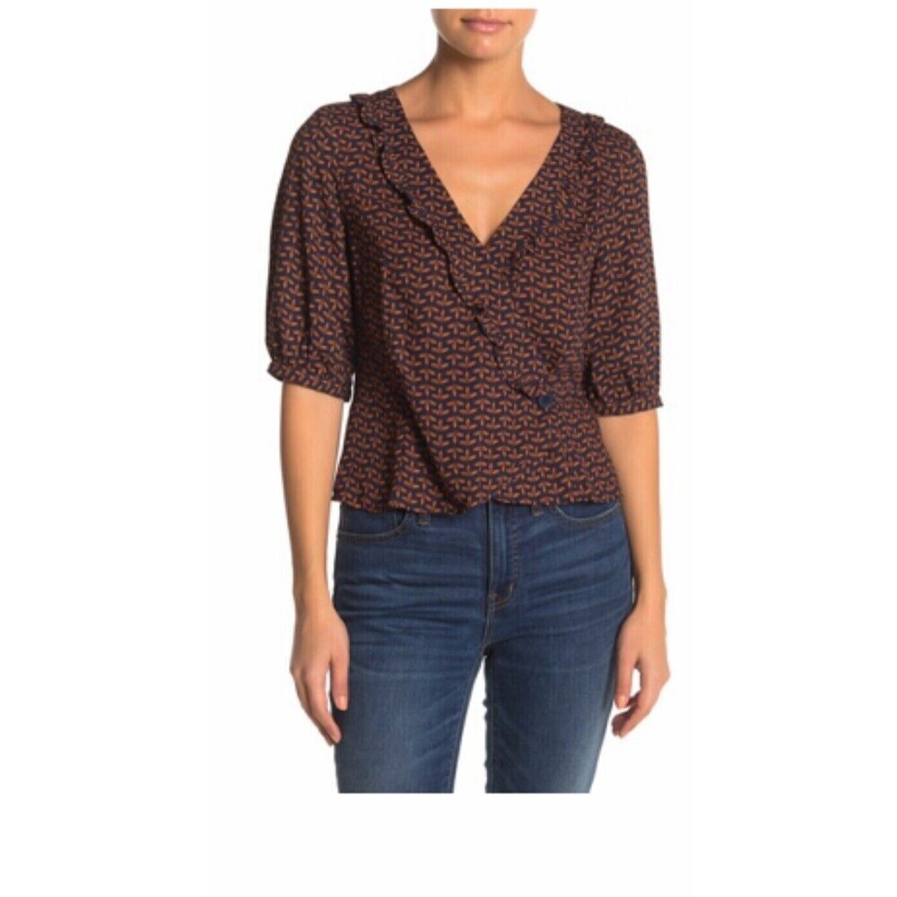 Abound Brown & Navy Patterned Ruffle V-Neck Button Down Top